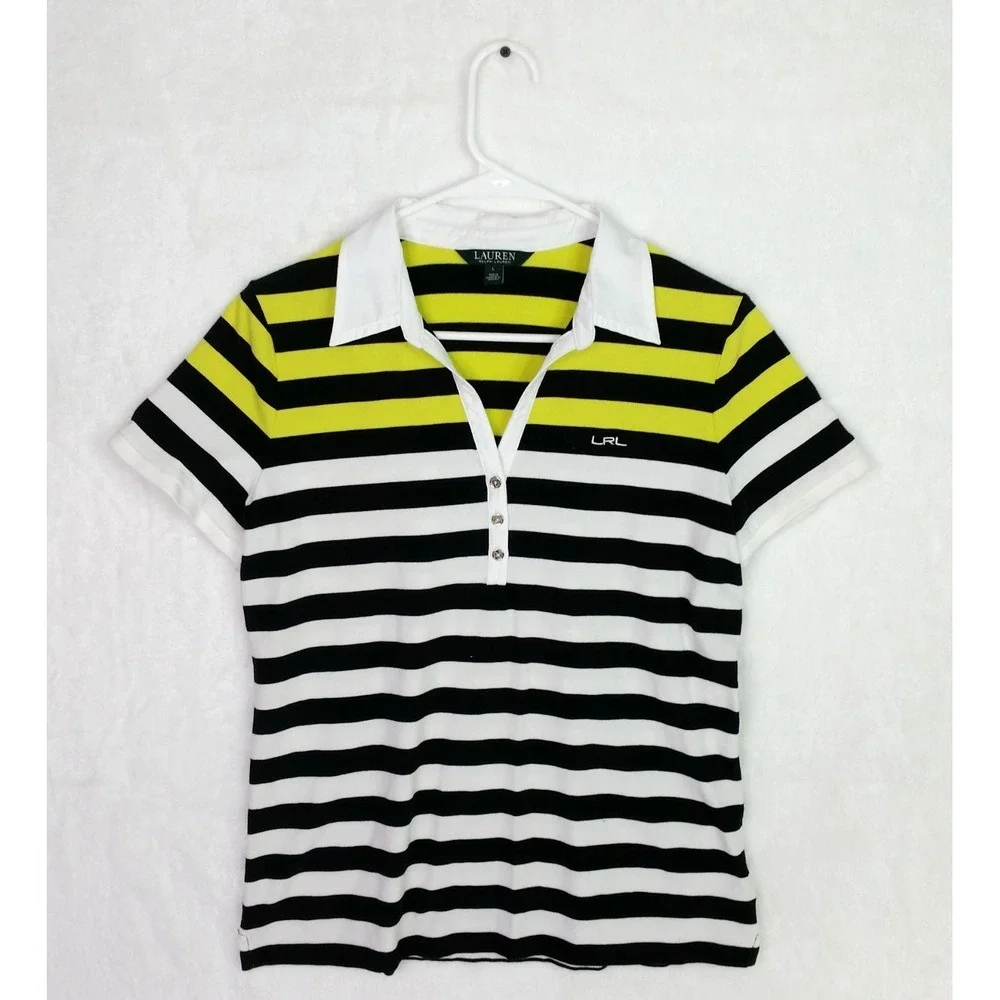 Women's Vintage Y2K Ralph Lauren Striped Polo Shirt Top Sz L Large Black Yellow